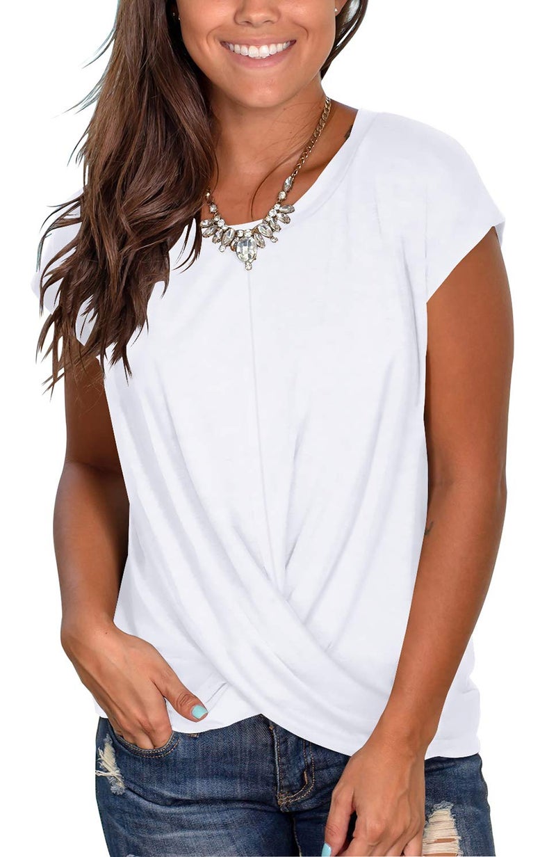 Jescakoo Women's Short Sleeve Casual Twist Front Tunic Tops Loose Blouse Tshirts White XL - Image 1